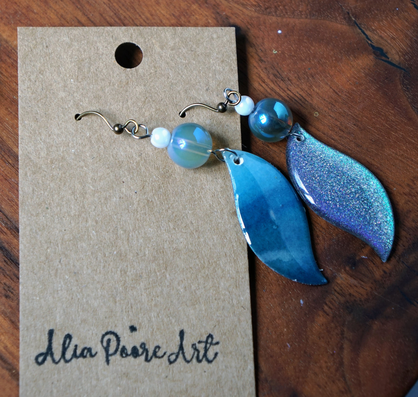 'Ocean Horizon' Dangle with Aurora Blue and White Bead - Plated Brass Hooks