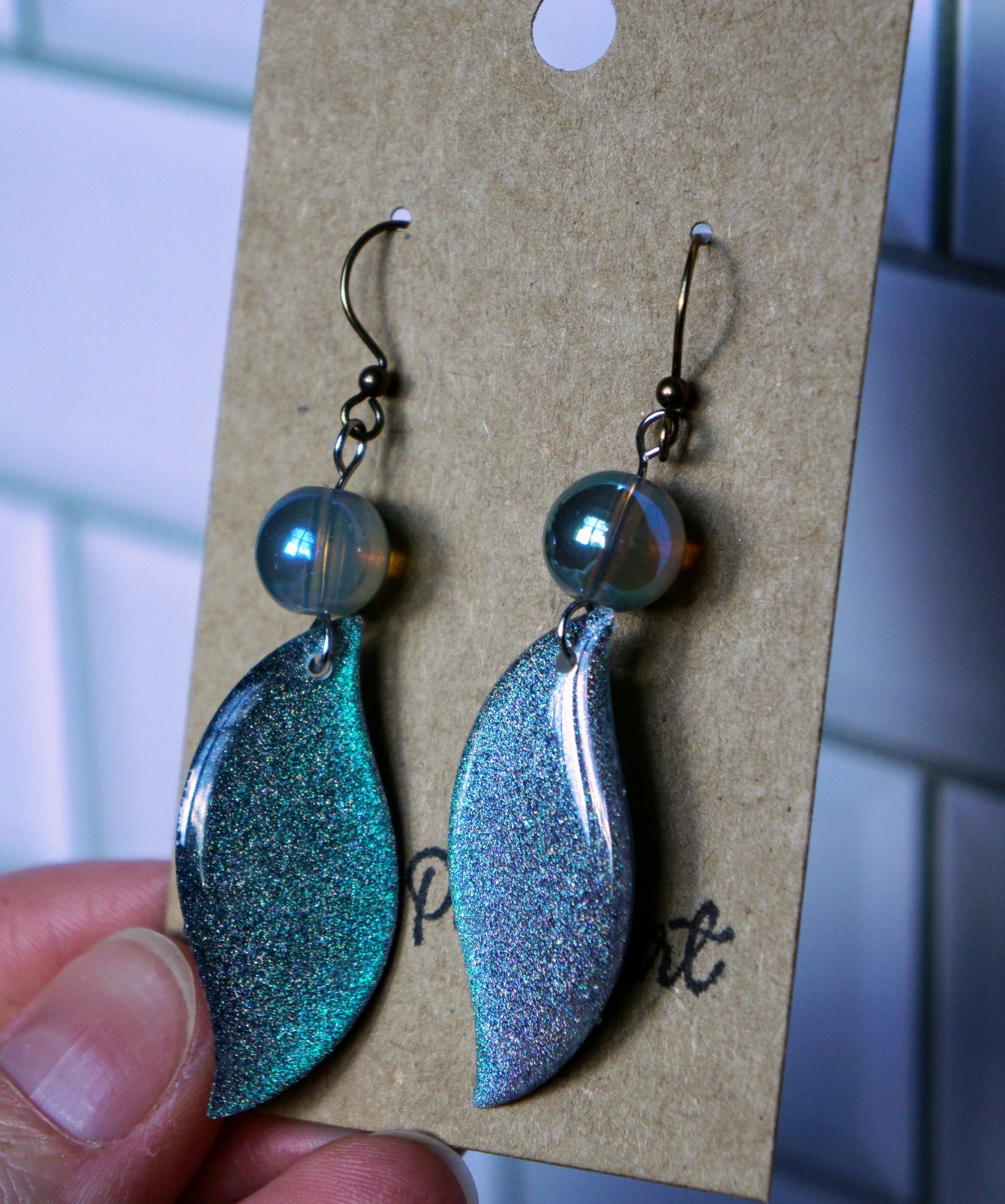 'Ocean Horizon' Dangle with Aurora Blue Bead - Plated Brass Hooks