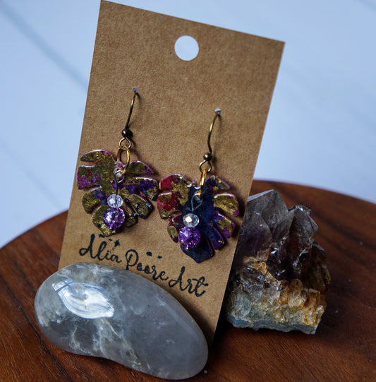 'Gilded Autumn' Monstera Leaves with Purple Crackle Glass Bead - Plated Brass Hooks