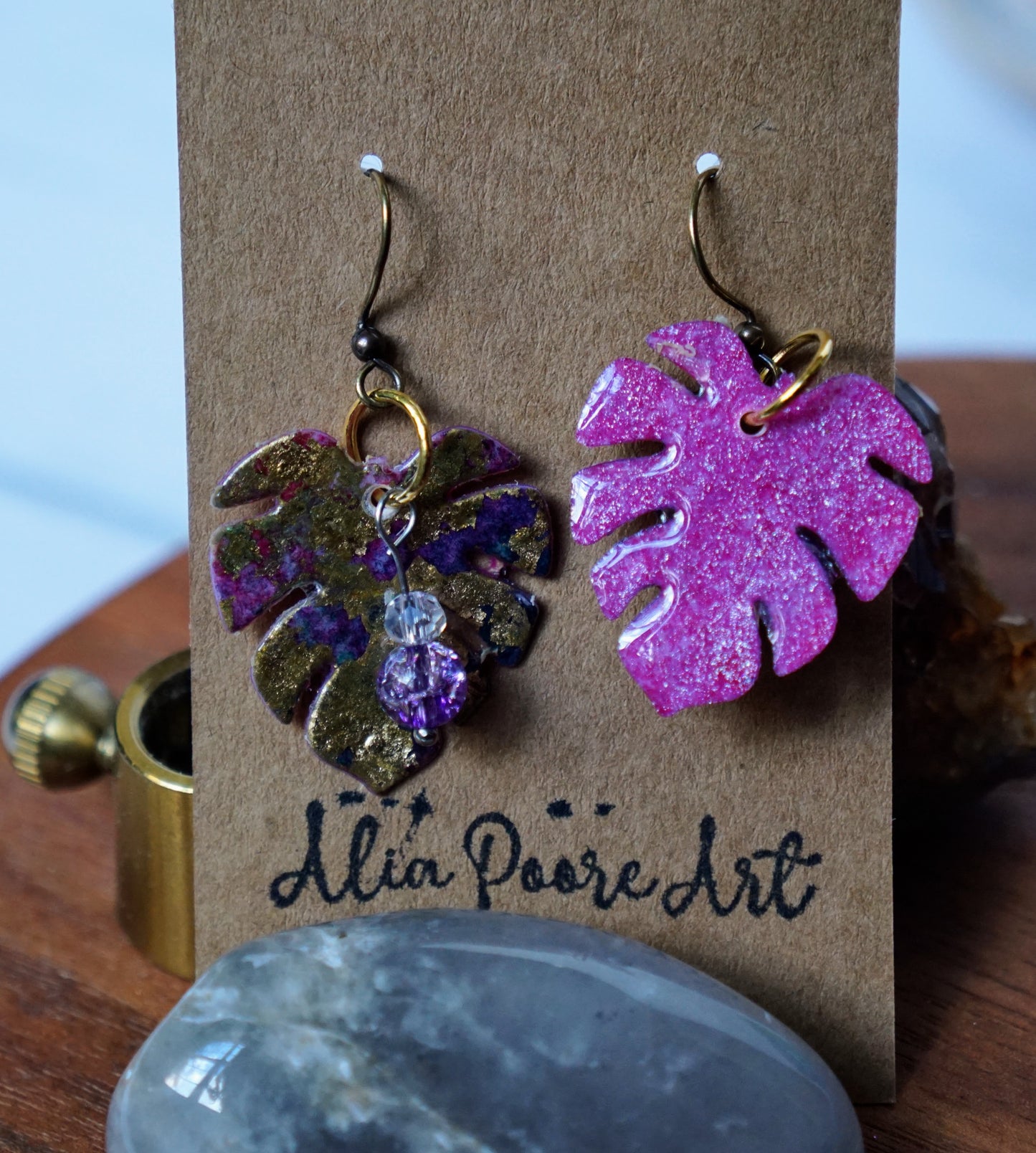 'Gilded Autumn' Monstera Leaves with Purple Crackle Glass Bead - Plated Brass Hooks