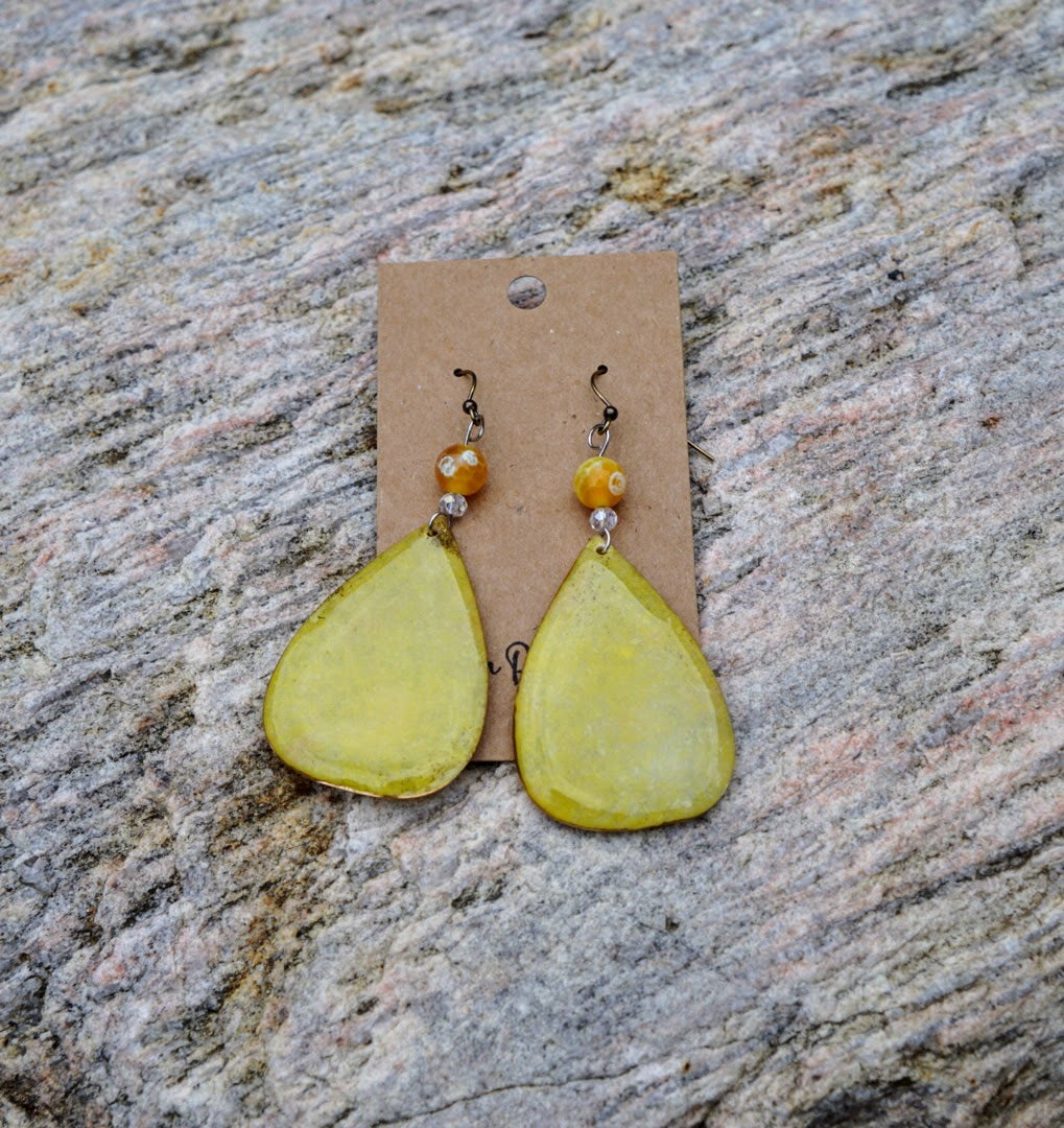 Yellow Teardrops - Fire Agate Bead - Plated Brass Hooks