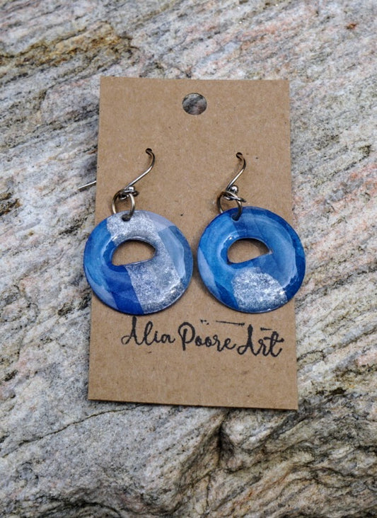 Blue & Silver Patchwork Circles with Cutout - Sterling Silver Hooks