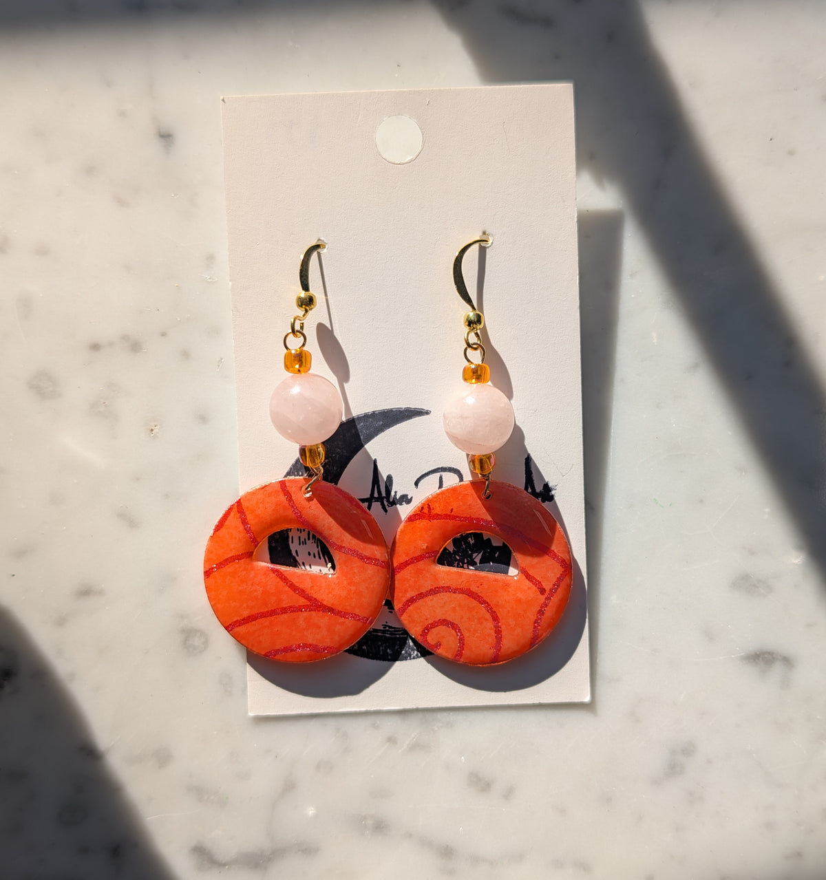 Orange Round Cutout Swirls | Rose Quartz | Gold-tone Earwire