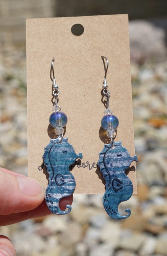 Seahorse! Long Dangle with Beads - Stainless Steel Hooks