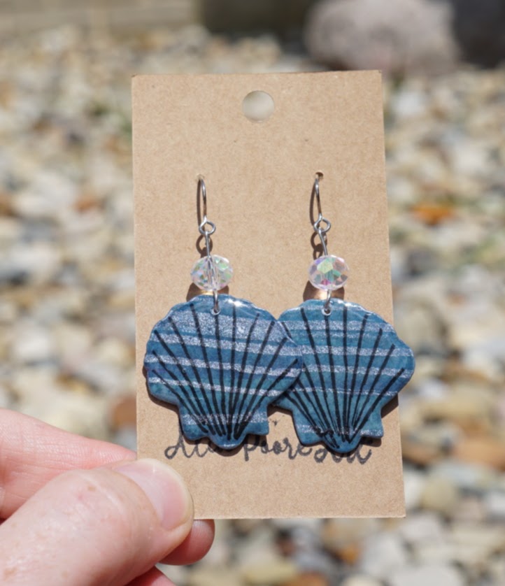 Scallop Shell with Faceted Glass Bead - Stainless Steel Hooks