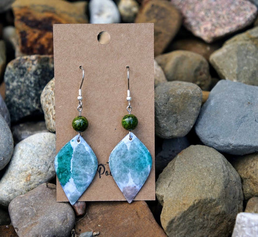 'Pebble' Invertead Leaf Shape with Moss Green Agate Bead - Stainless Steel Hooks
