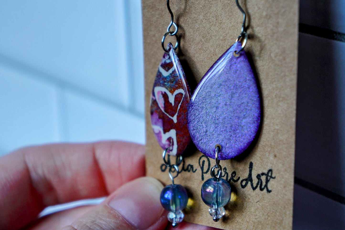 'Cosmic Hearts' Teardrop with Aurora Glass Bead - Titanium Hooks
