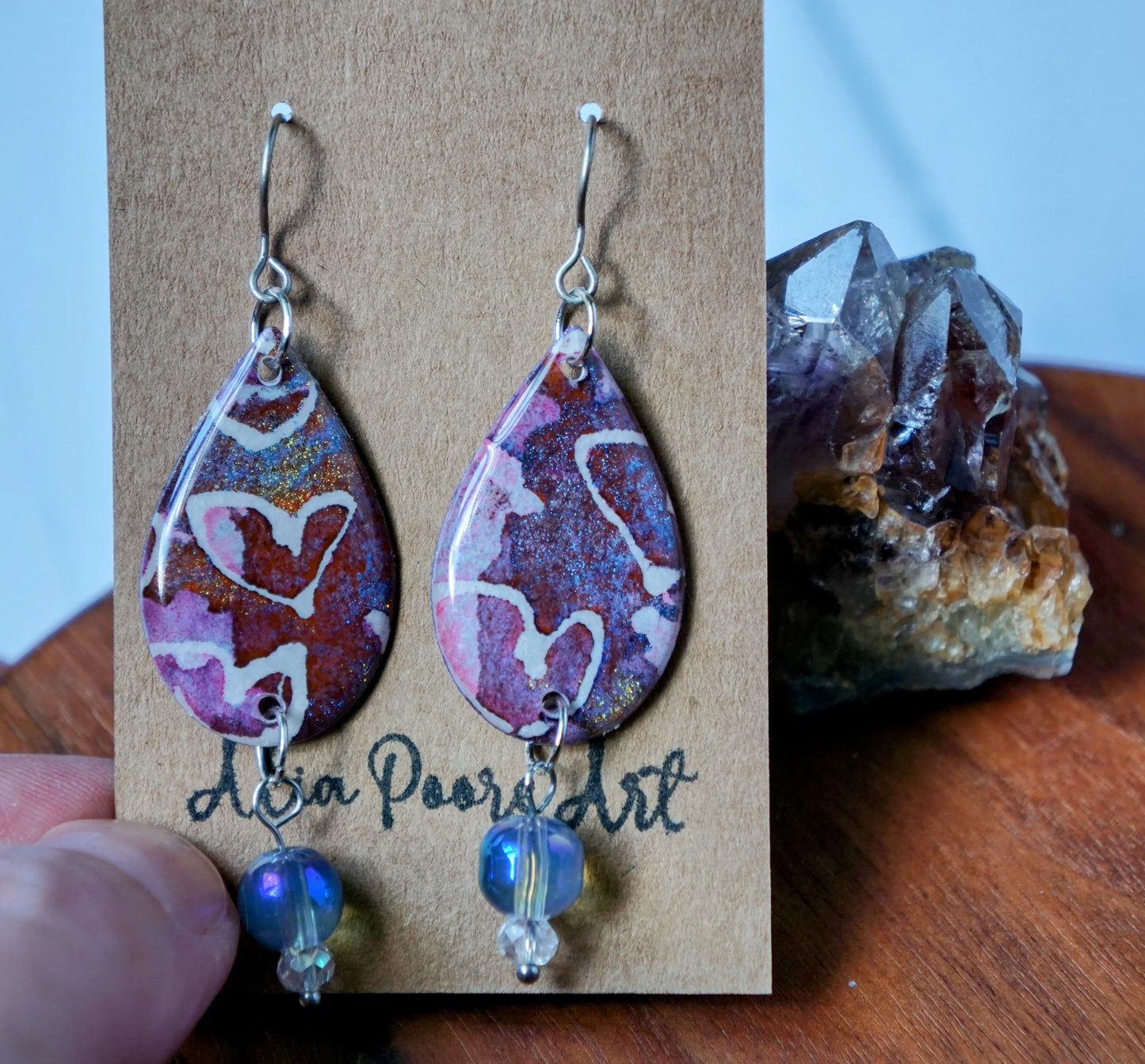 'Cosmic Hearts' Teardrop with Aurora Glass Bead - Titanium Hooks