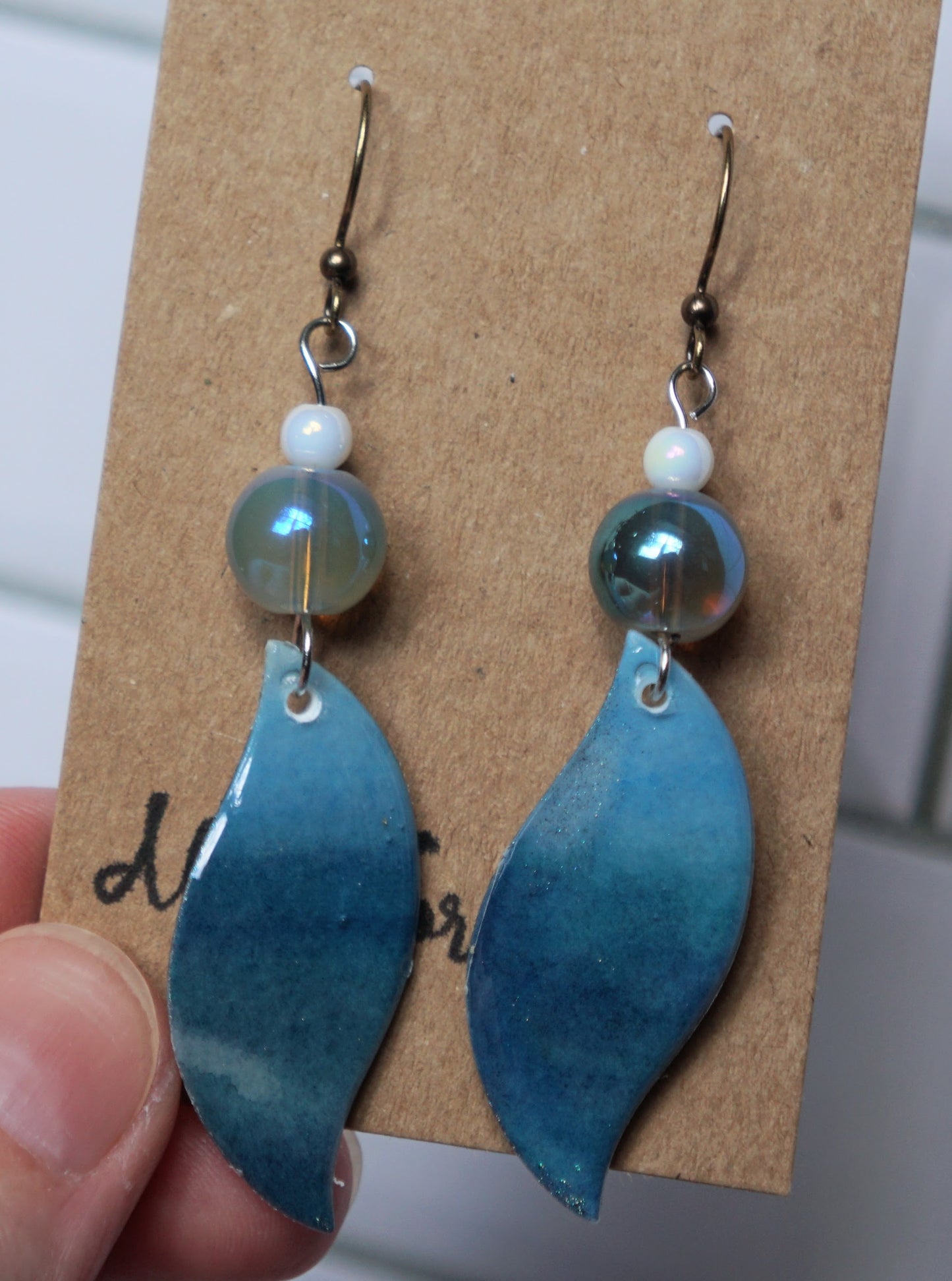 'Ocean Horizon' Dangle with Aurora Blue and White Bead - Plated Brass Hooks