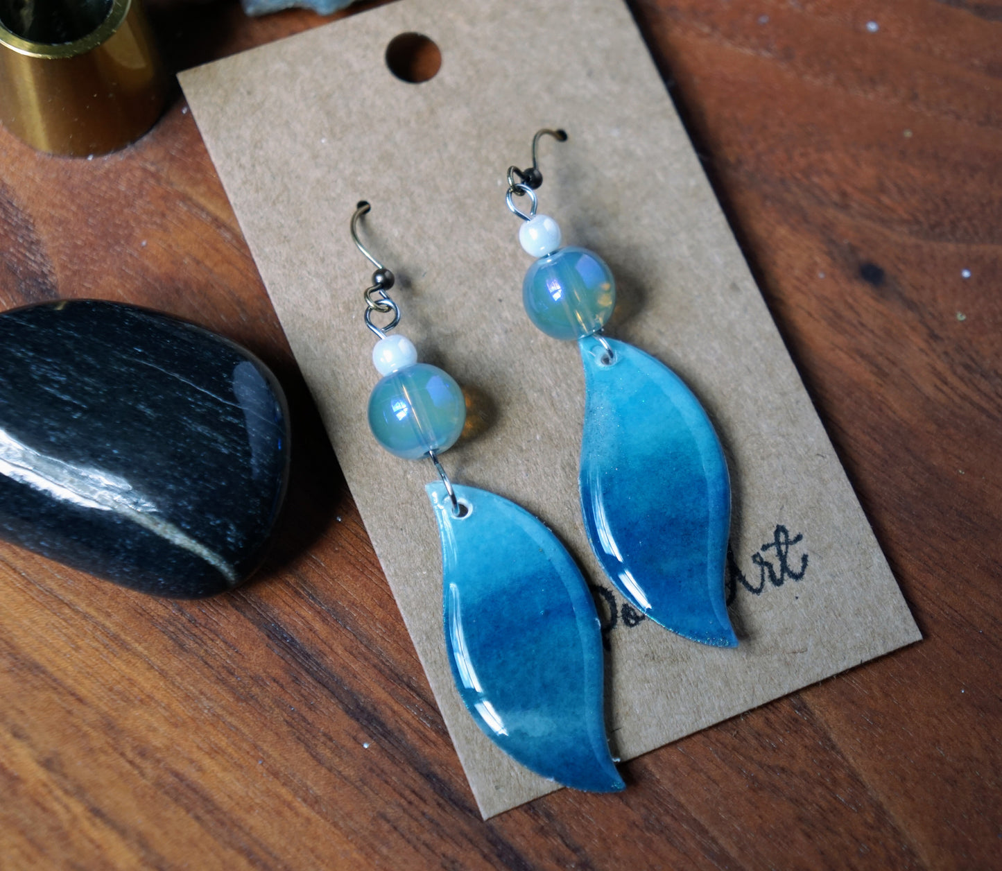 'Ocean Horizon' Dangle with Aurora Blue and White Bead - Plated Brass Hooks