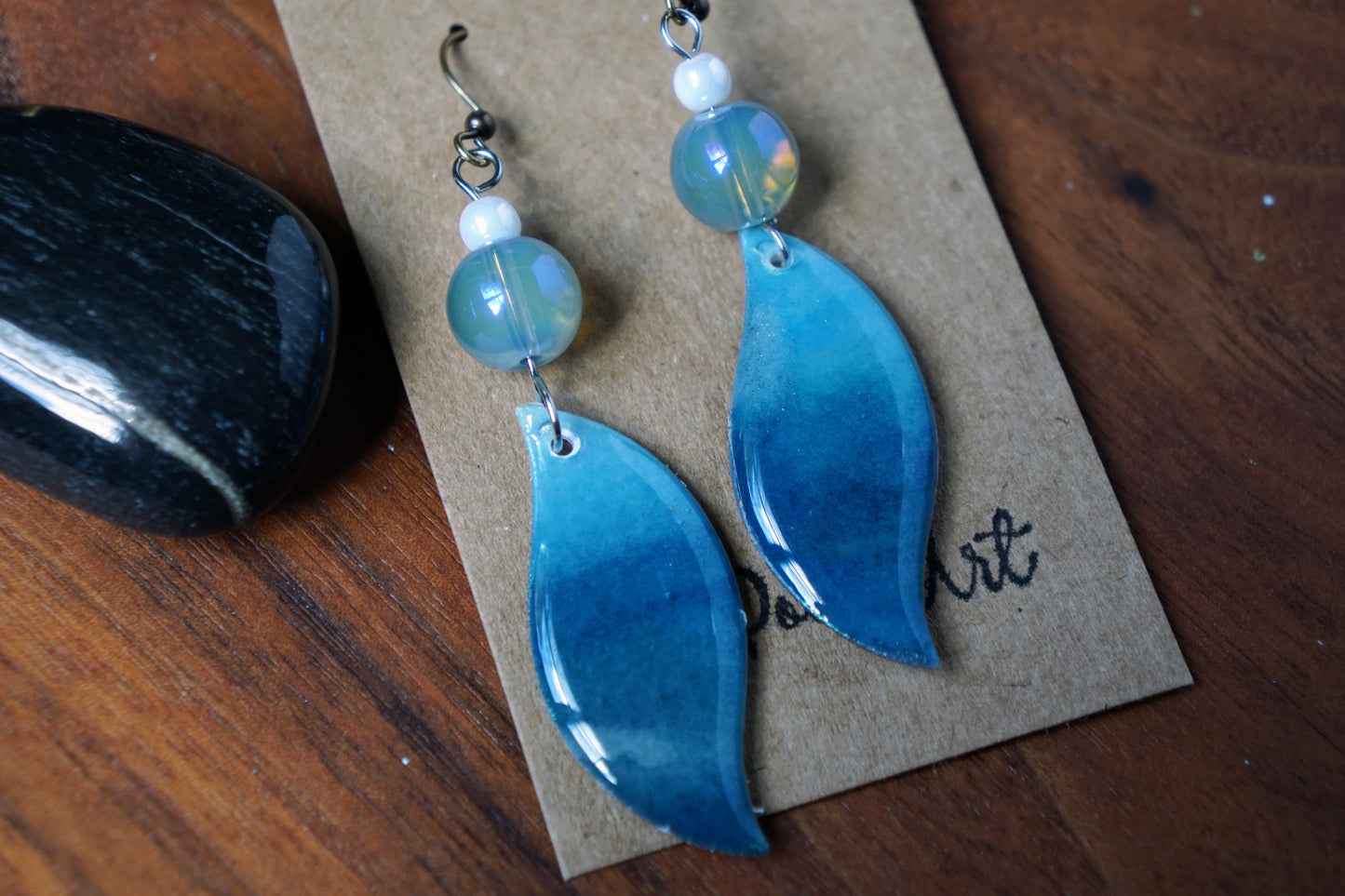 'Ocean Horizon' Dangle with Aurora Blue and White Bead - Plated Brass Hooks