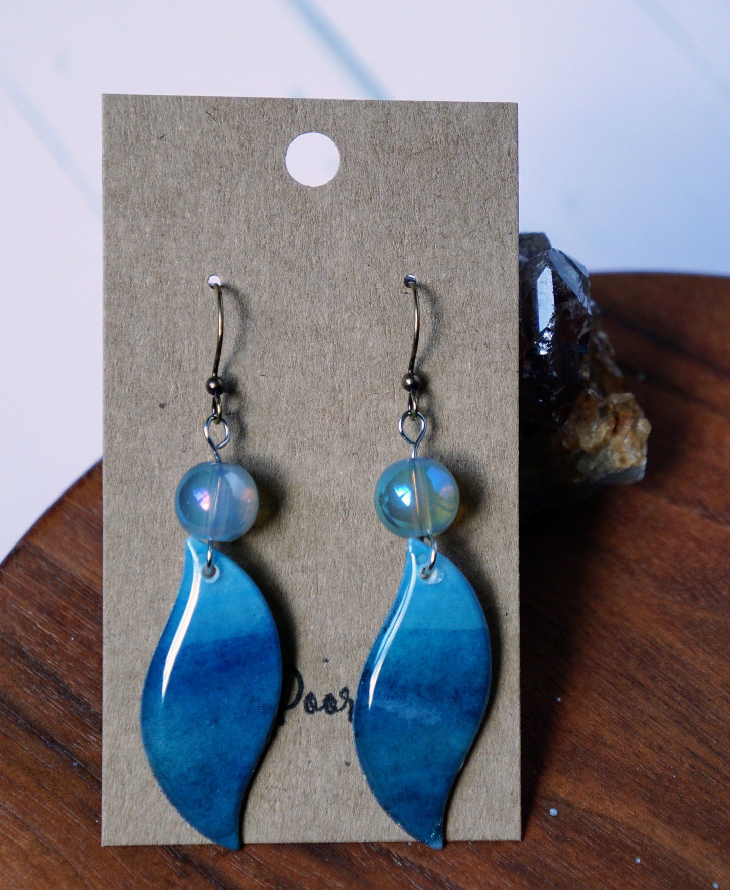 'Ocean Horizon' Dangle with Aurora Blue Bead - Plated Brass Hooks