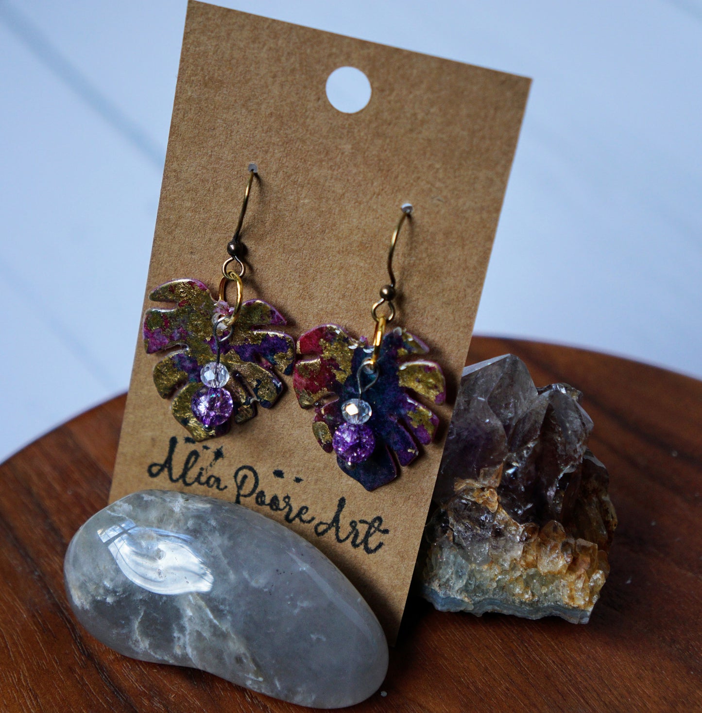 'Gilded Autumn' Monstera Leaves with Purple Crackle Glass Bead - Plated Brass Hooks