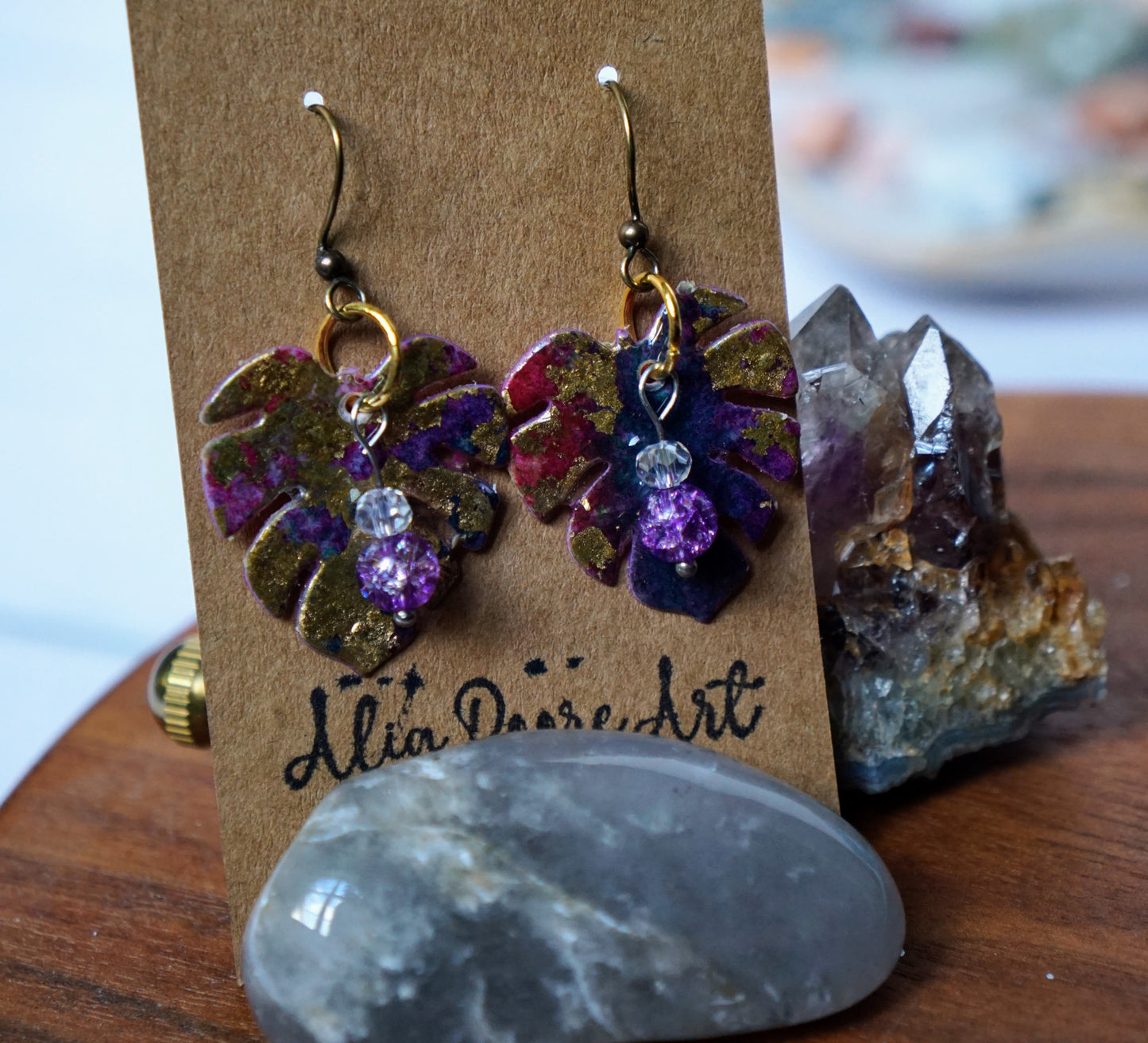'Gilded Autumn' Monstera Leaves with Purple Crackle Glass Bead - Plated Brass Hooks