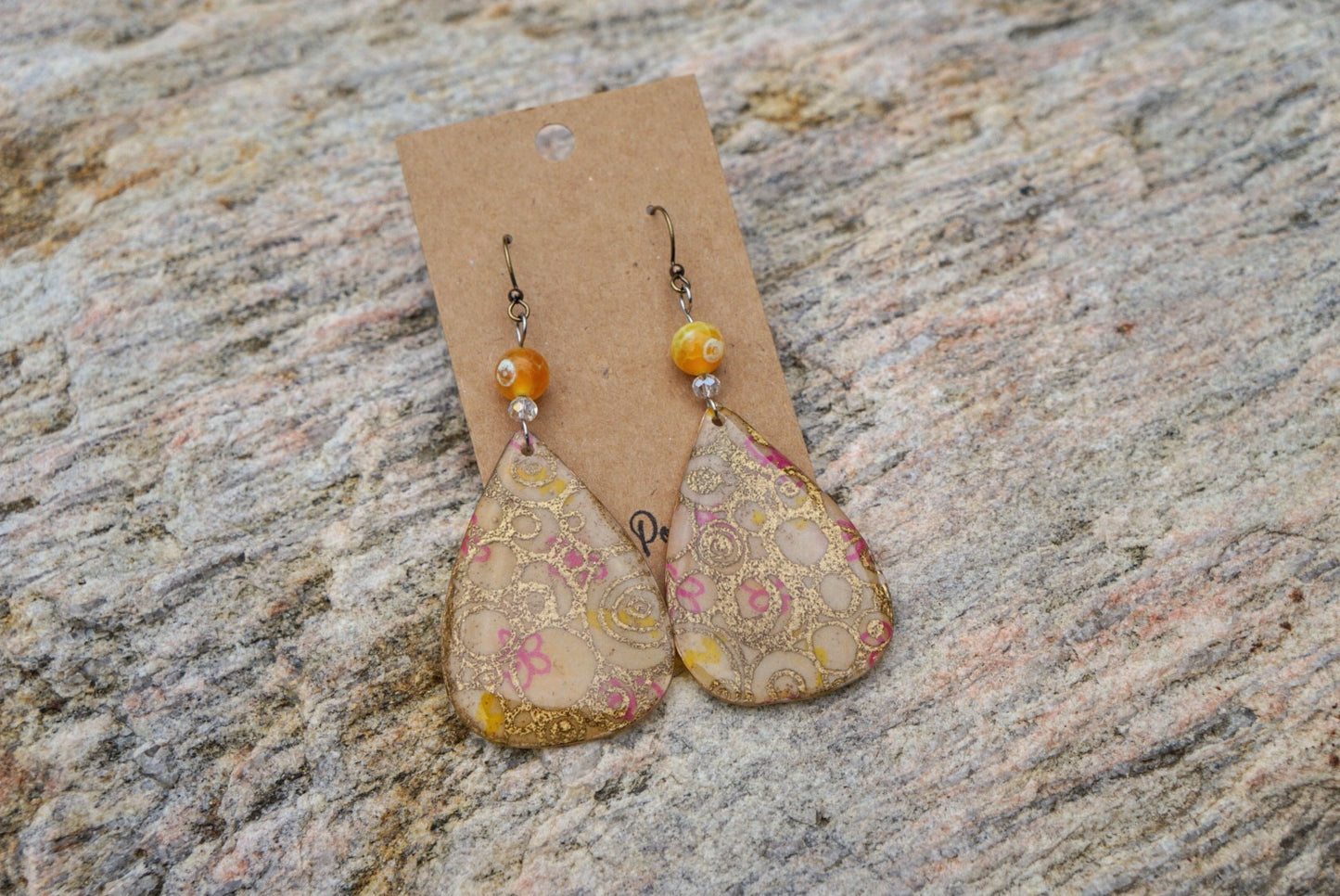 Yellow Teardrops - Fire Agate Bead - Plated Brass Hooks