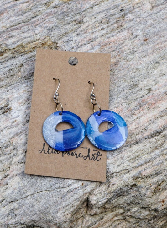 Blue & Silver Patchwork Circles with Cutout - Sterling Silver Hooks