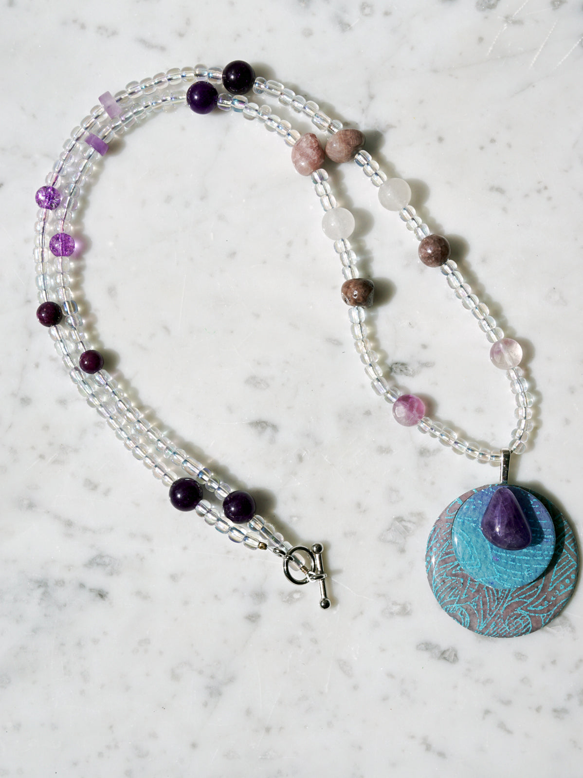 Amethyst Medallion Watercolor Curio Necklace | Gemstone Beaded Necklace