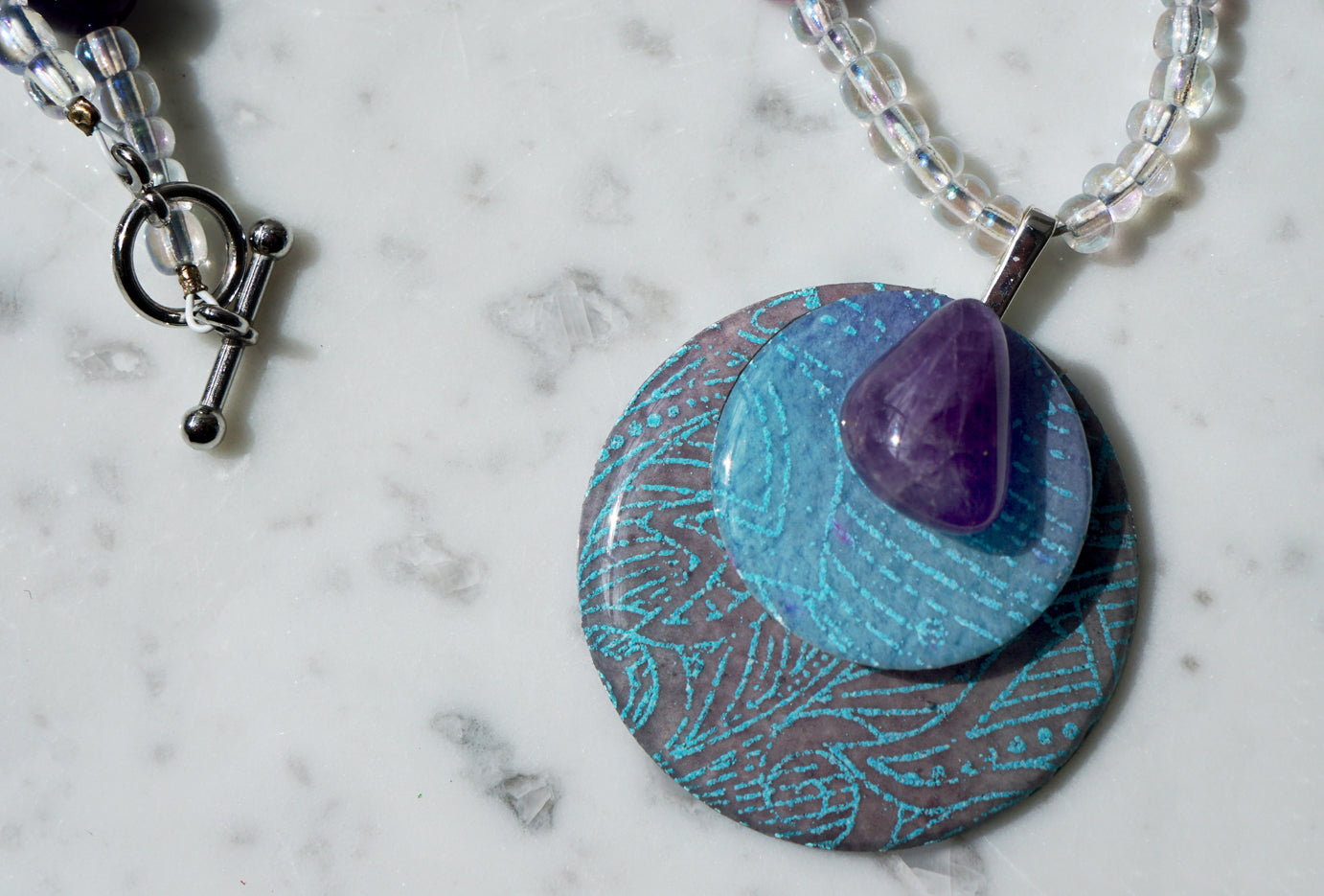 Amethyst Medallion Watercolor Curio Necklace | Gemstone Beaded Necklace