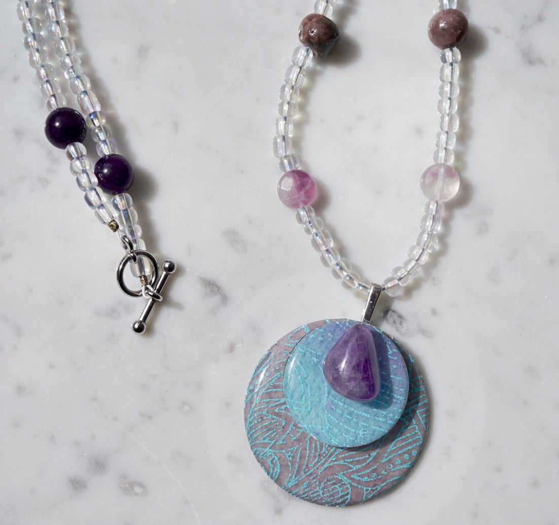Amethyst Medallion Watercolor Curio Necklace | Gemstone Beaded Necklace