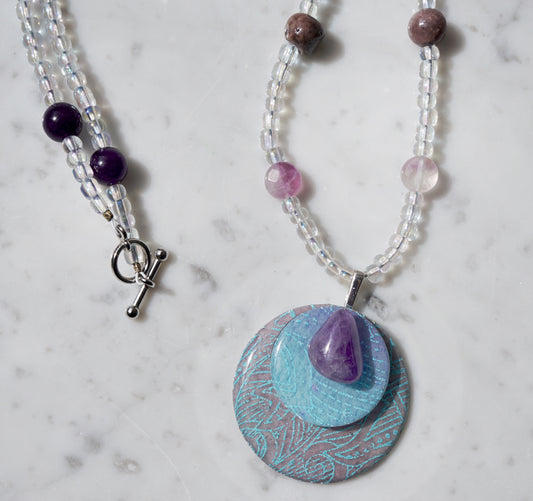 Amethyst Medallion Watercolor Curio Necklace | Gemstone Beaded Necklace