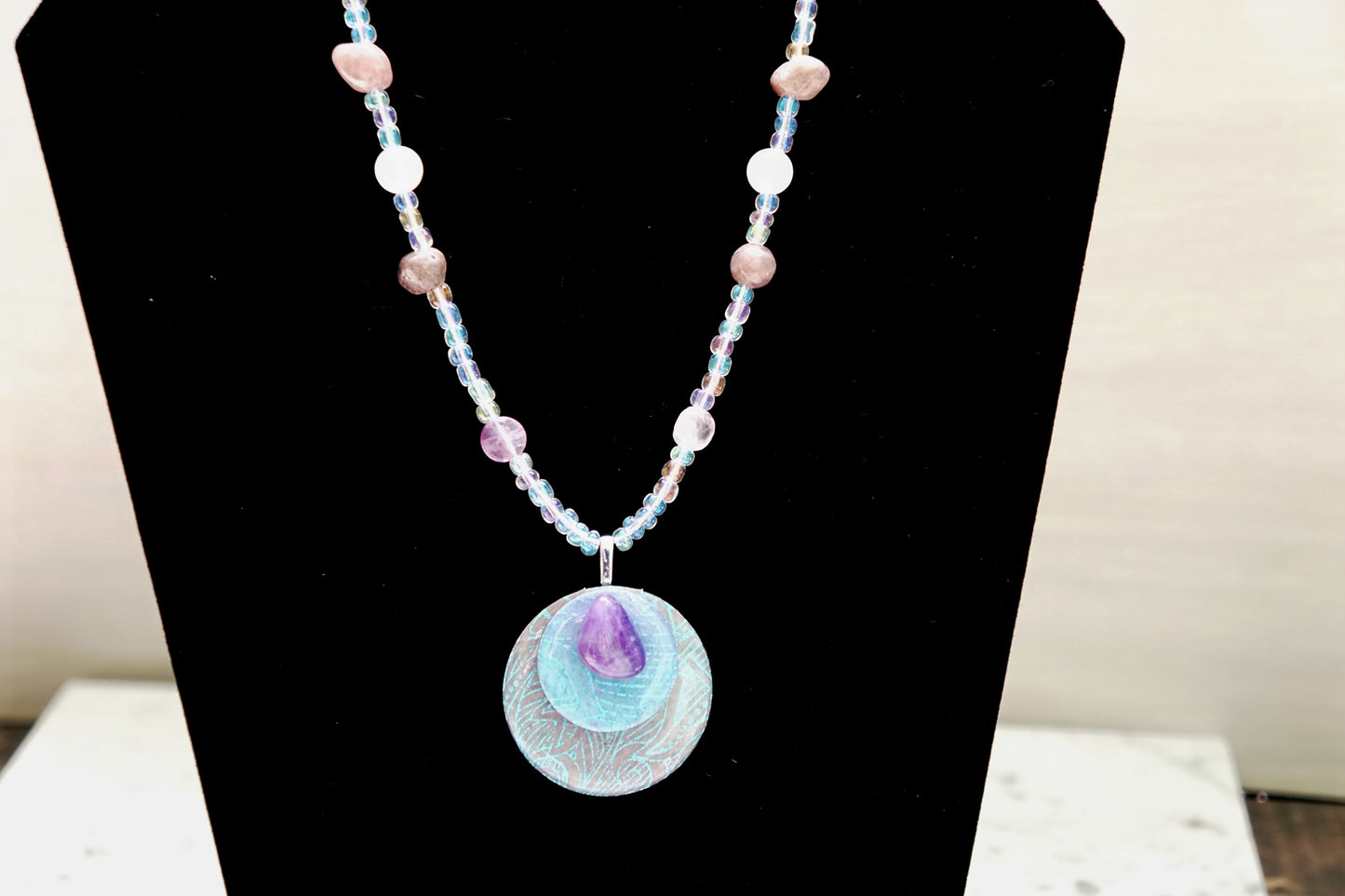 Amethyst Medallion Watercolor Curio Necklace | Gemstone Beaded Necklace