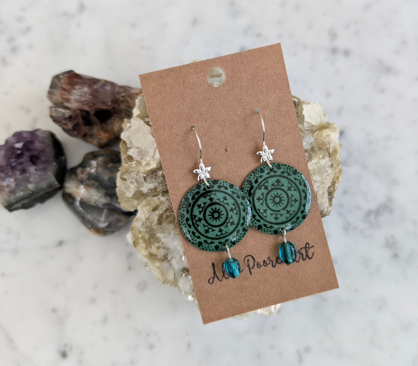 Green Mandala with Teal Glass Dangle